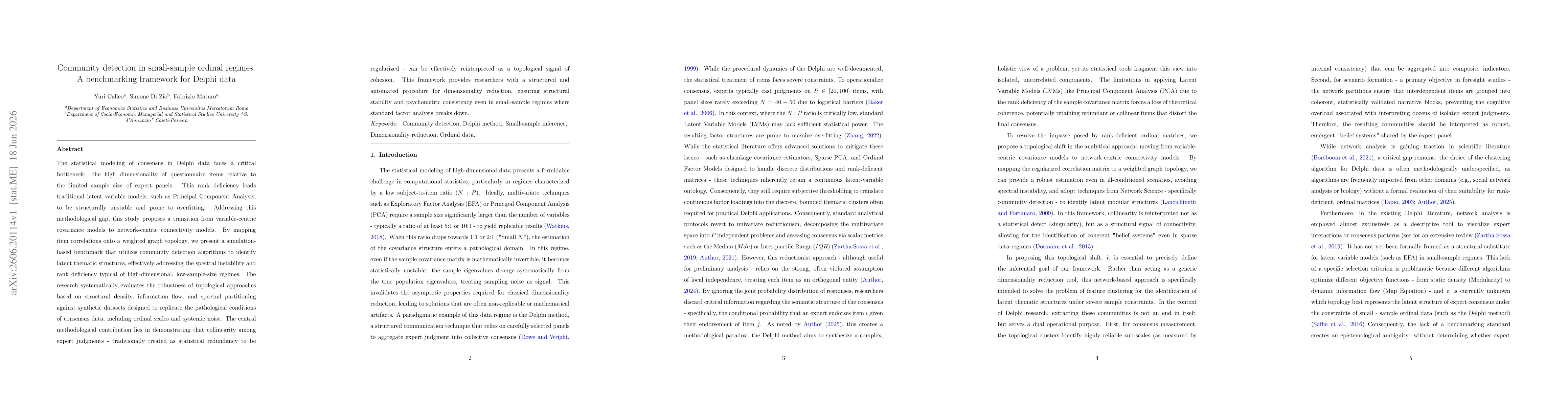 Thumbnail for Community detection in small-sample ordinal regimes: A benchmarking framework for Delphi data