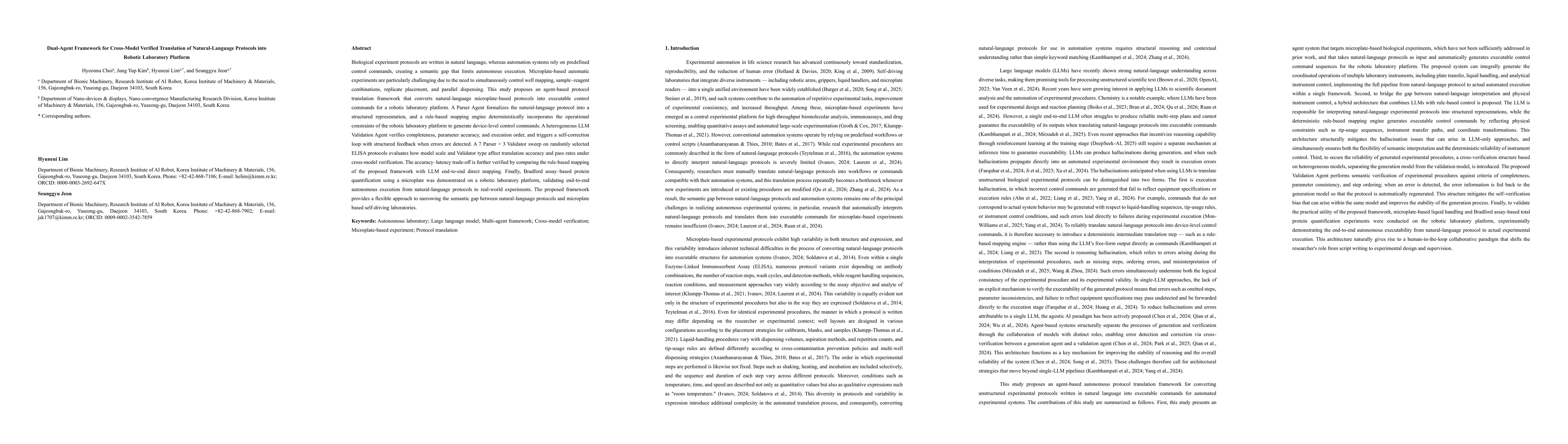 Thumbnail for Dual-Agent Framework for Cross-Model Verified Translation of Natural-Language Protocols into Robotic Laboratory Platform