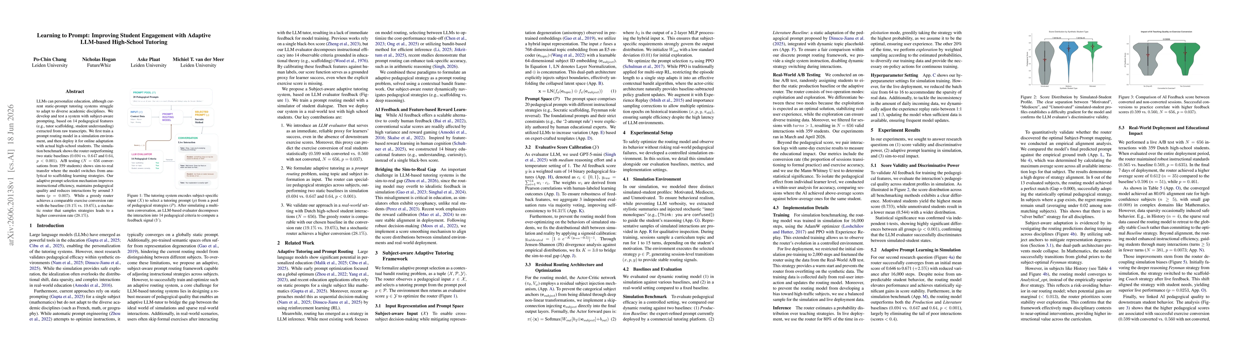 Thumbnail for Learning to Prompt: Improving Student Engagement with Adaptive LLM-based High-School Tutoring