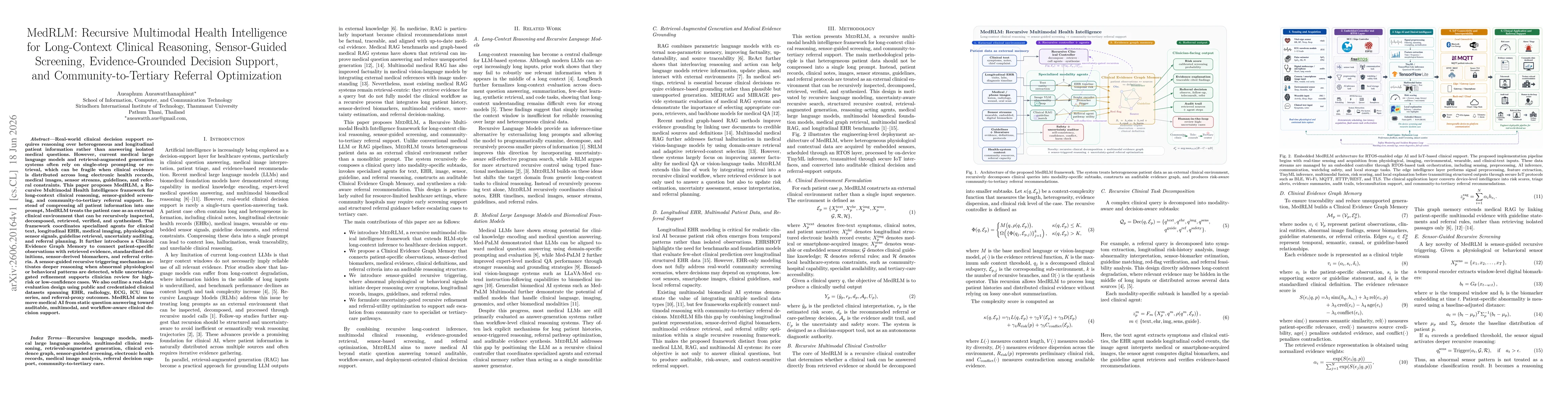 Thumbnail for MedRLM: Recursive Multimodal Health Intelligence for Long-Context Clinical Reasoning, Sensor-Guided Screening, Evidence-Grounded Decision Support, and Community-to-Tertiary Referral Optimization