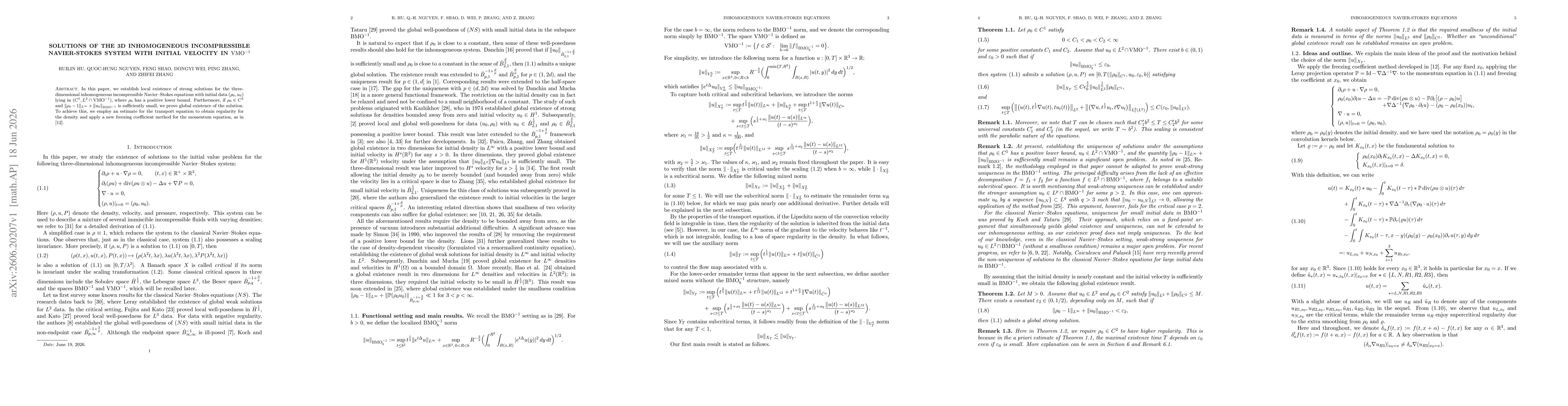 Thumbnail for Solutions of the 3D inhomogeneous incompressible Navier-Stokes system with initial velocity in $VMO^{-1}$