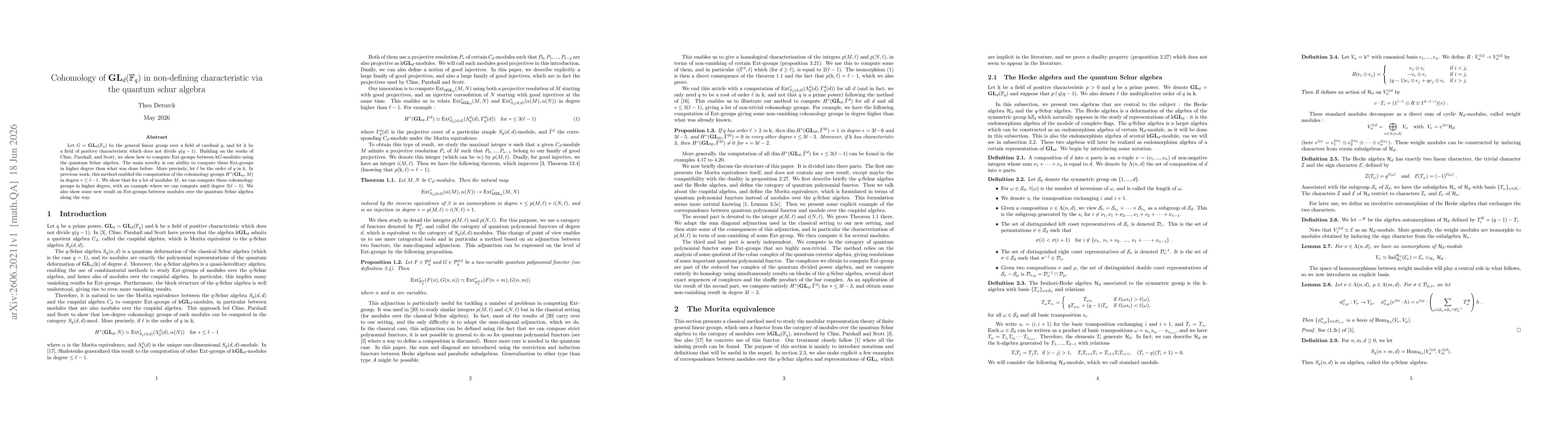 Thumbnail for Cohomology of $\mathbf{GL}_d(\mathbb{F})$ in non-defining characteristic via the quantum schur algebra