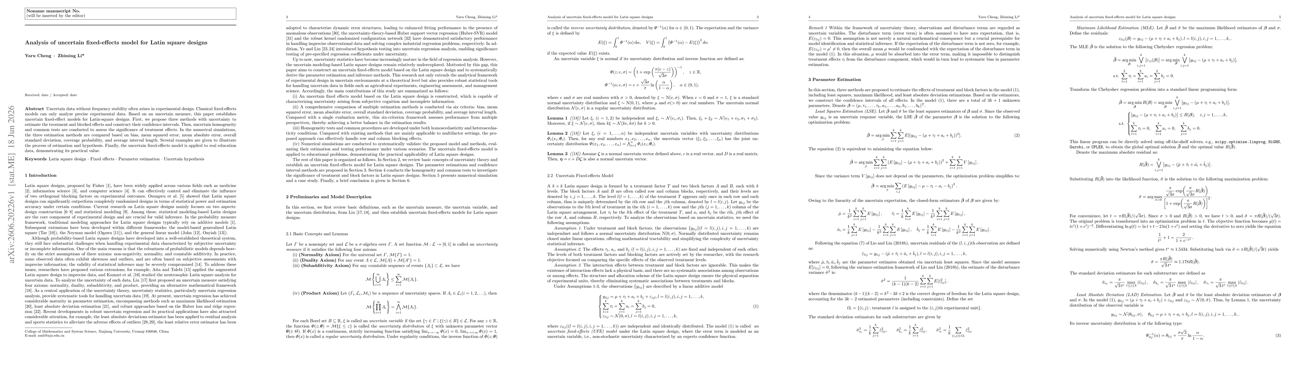 Thumbnail for Analysis of uncertain fixed-effects model for Latin square designs
