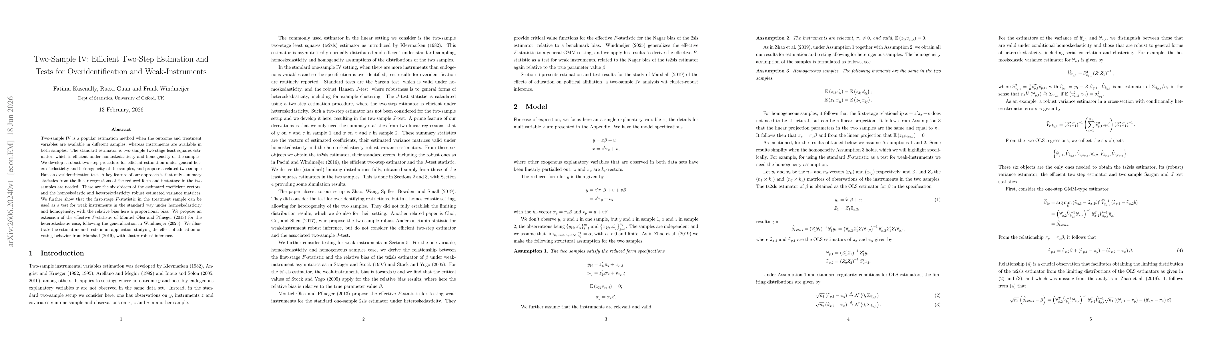 Thumbnail for Two-Sample IV: Efficient Two-Step Estimation and Tests for Overidentification and Weak-Instruments