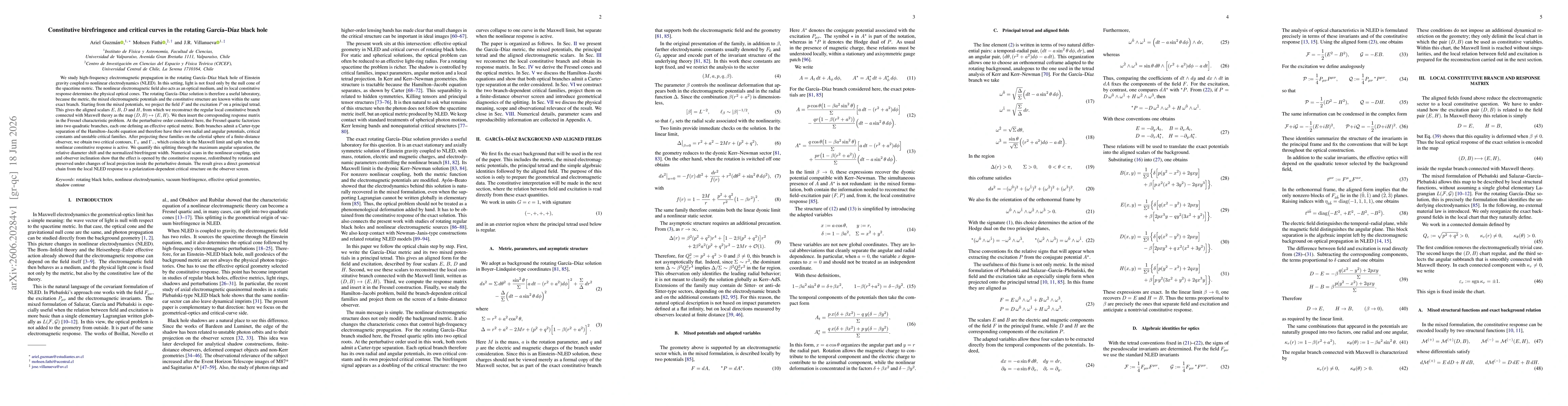 Thumbnail for Constitutive birefringence and critical curves in the rotating García--Díaz black hole