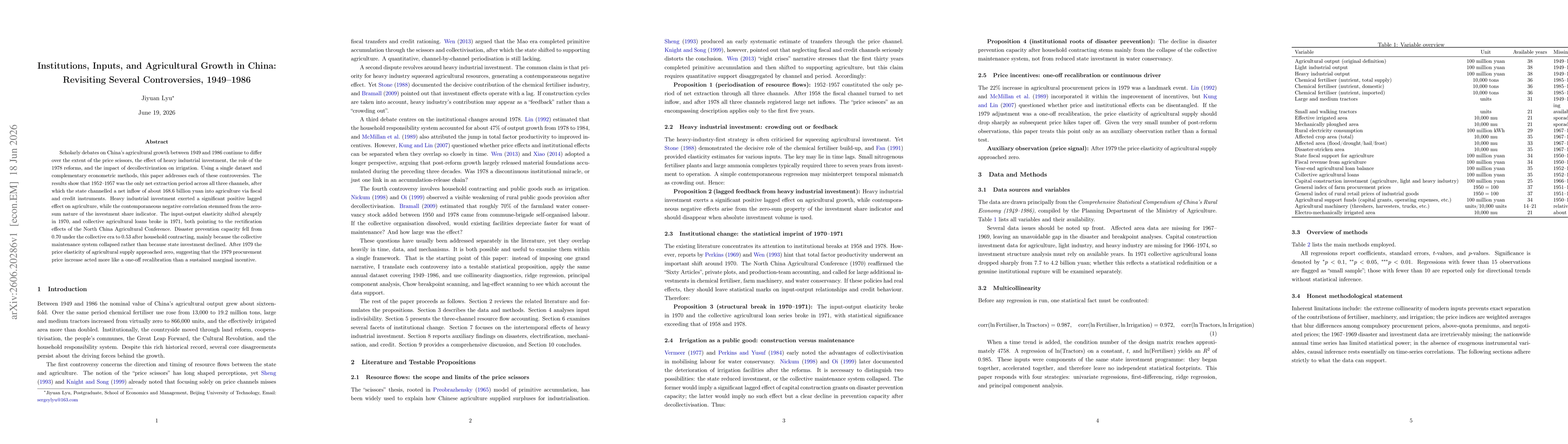 Thumbnail for Institutions, Inputs, and Agricultural Growth in China:Revisiting Several Controversies, 1949--1986