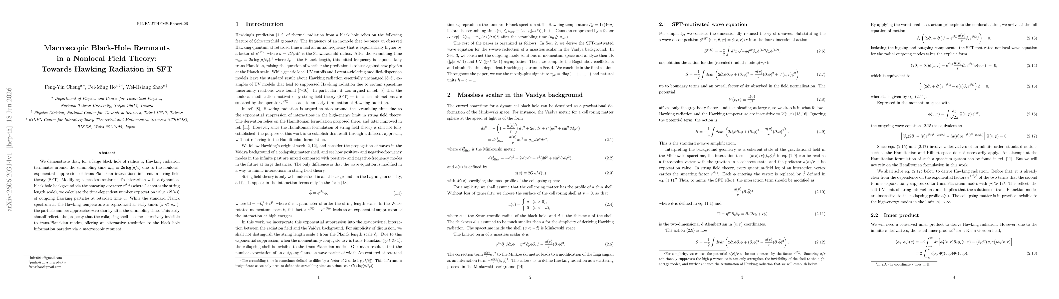 Thumbnail for Macroscopic Black-Hole Remnants in a Nonlocal Field Theory: Towards Hawking Radiation in SFT