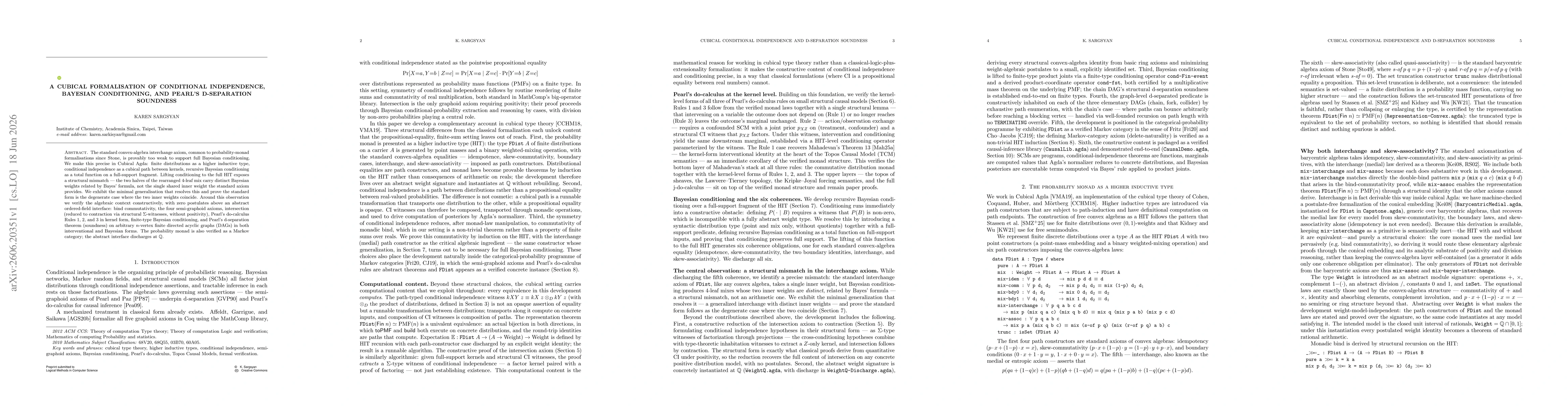Thumbnail for A cubical formalisation of conditional independence, Bayesian conditioning, and Pearl's d-separation soundness