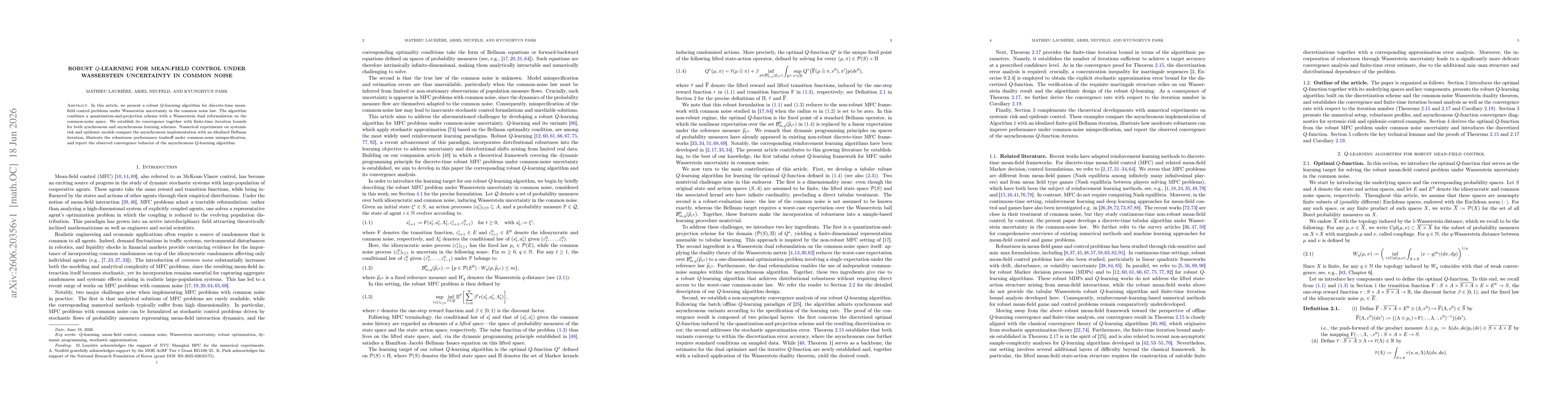 Thumbnail for Robust $Q$-learning for mean-field control under Wasserstein uncertainty in common noise