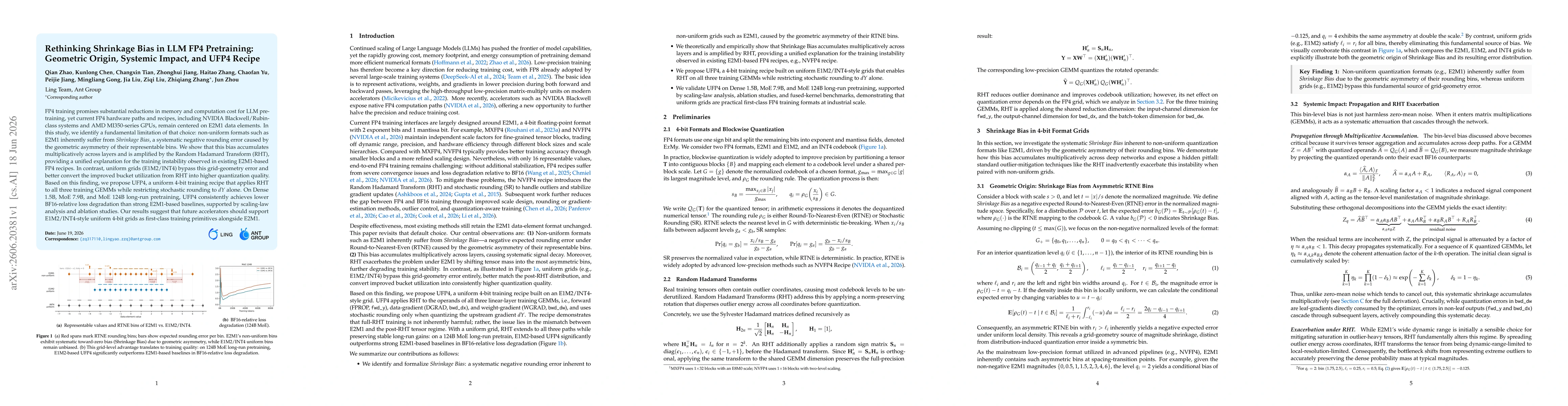 Thumbnail for Rethinking Shrinkage Bias in LLM FP4 Pretraining: Geometric Origin, Systemic Impact, and UFP4 Recipe