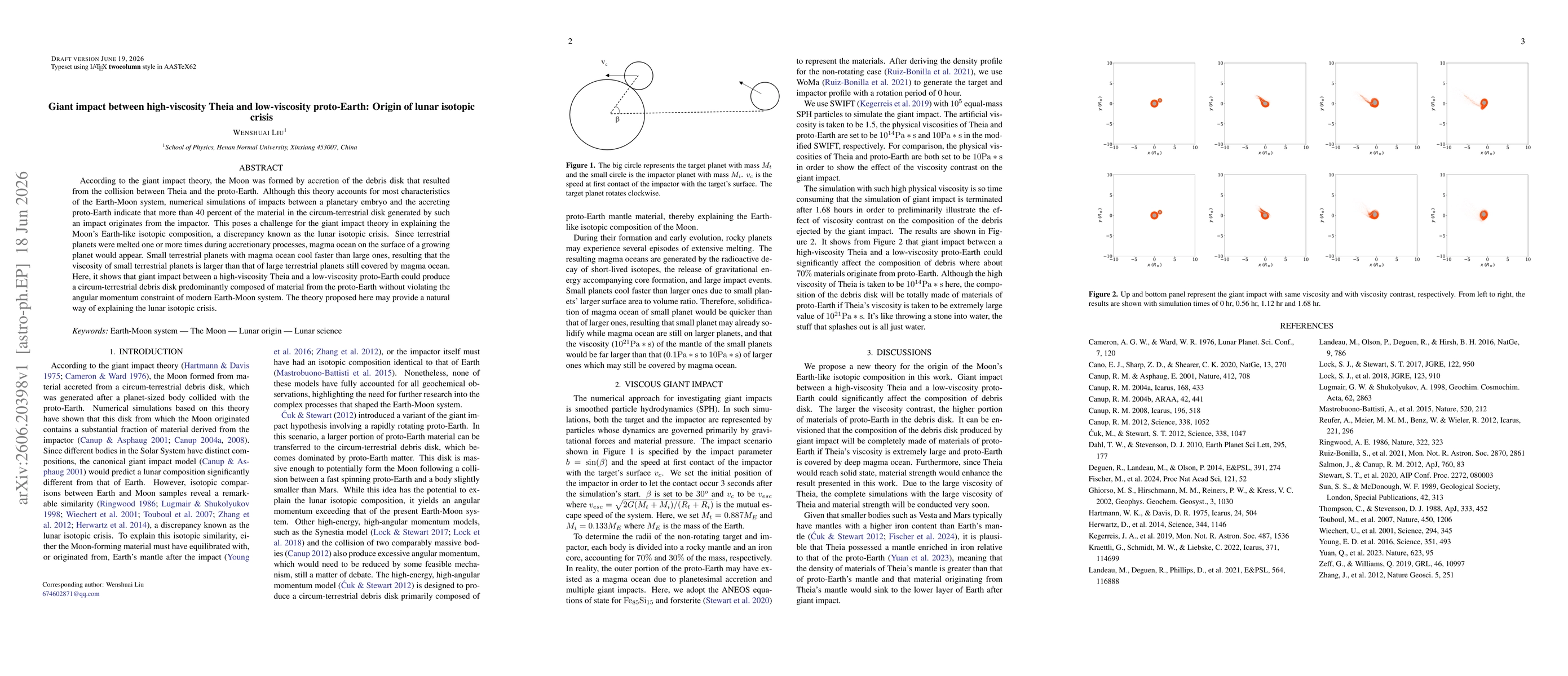 Thumbnail for Giant impact between high-viscosity Theia and low-viscosity proto-Earth: Origin of lunar isotopic crisis