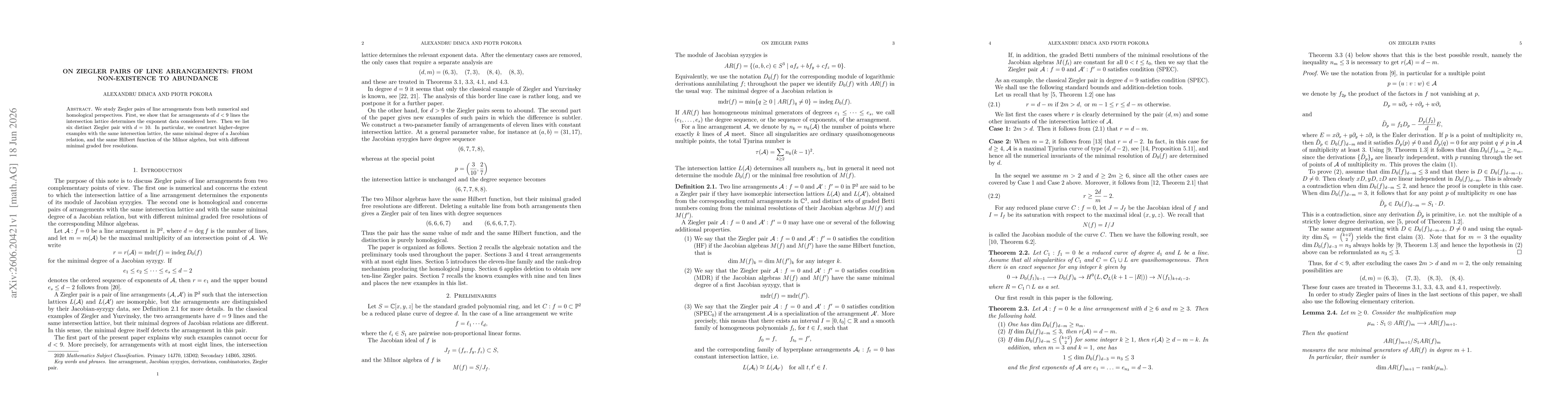 Thumbnail for On Ziegler pairs of line arrangements: from non-existence to abundance