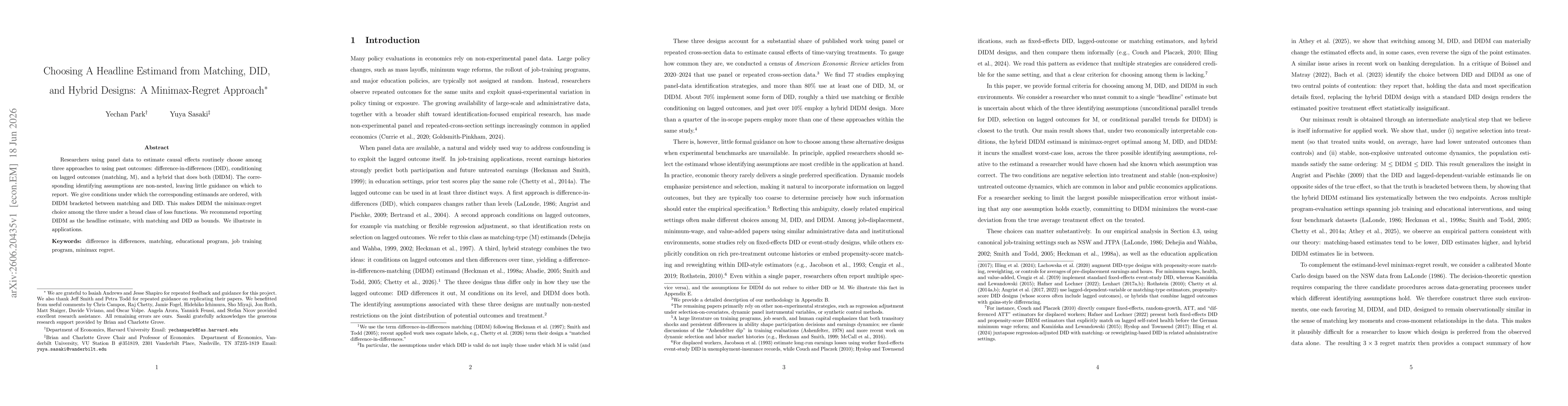Thumbnail for Choosing A Headline Estimand from Matching, DID, and Hybrid Designs: A Minimax-Regret Approach