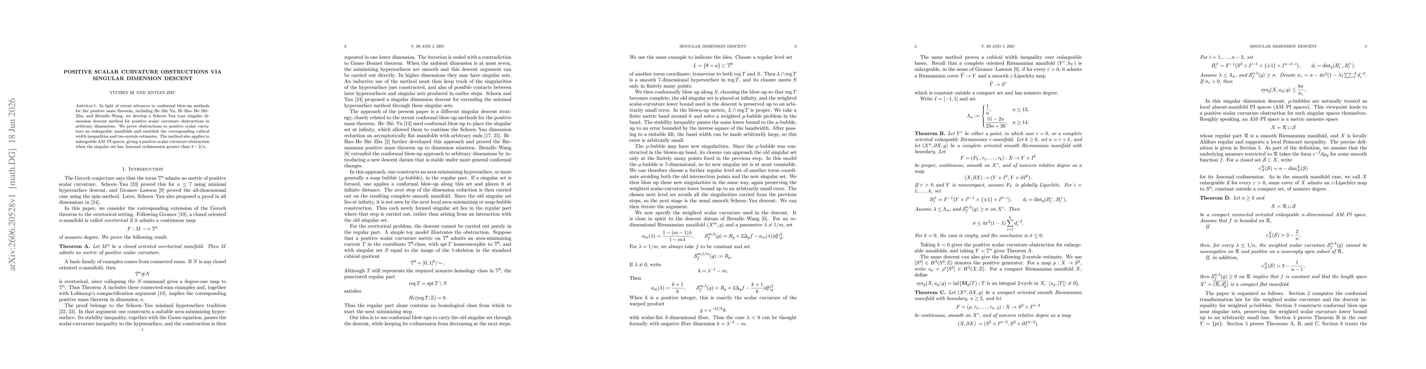 Thumbnail for Positive Scalar Curvature Obstructions via Singular Dimension Descent