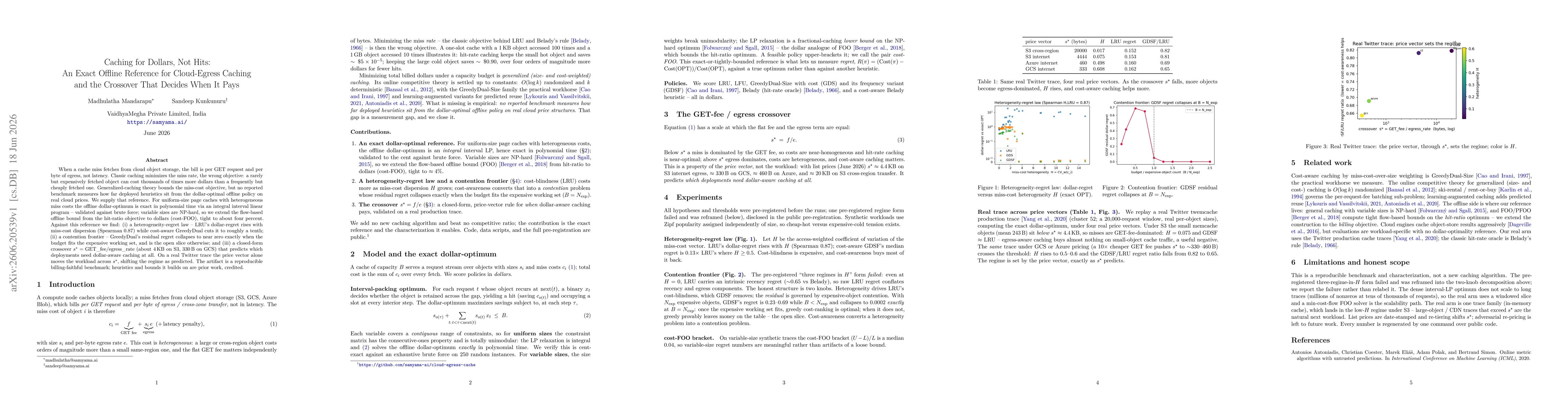 Thumbnail for Caching for Dollars, Not Hits: An Exact Offline Reference for Cloud-Egress Caching and the Crossover That Decides When It Pays