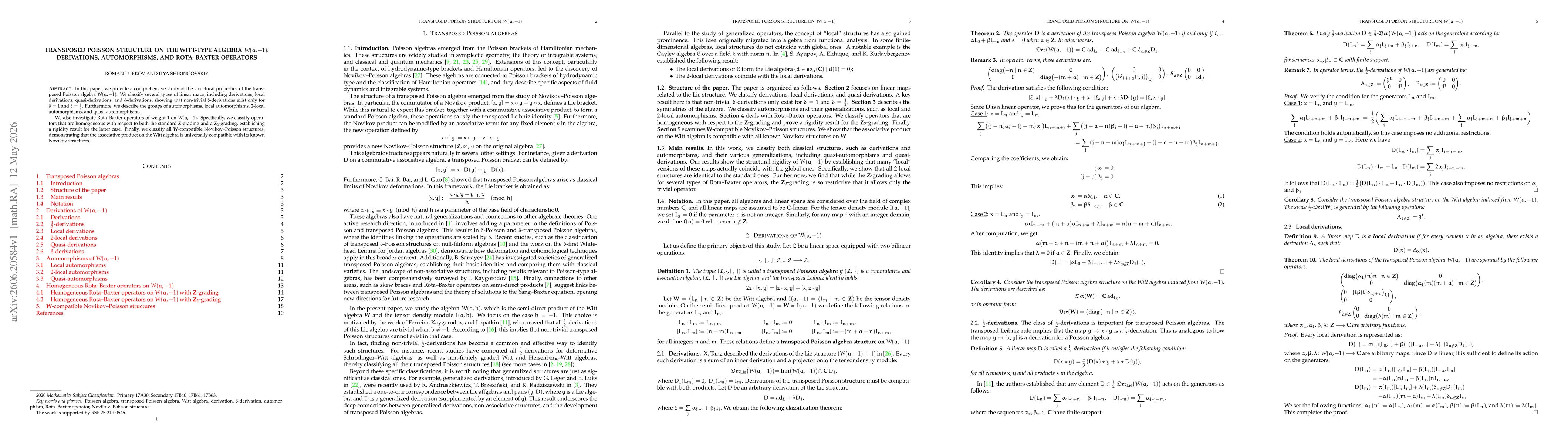 Thumbnail for Transposed Poisson structure on the Witt-type algebra $\mathcal{W}(a,-1)$: Derivations, Automorphisms, and Rota--Baxter operators