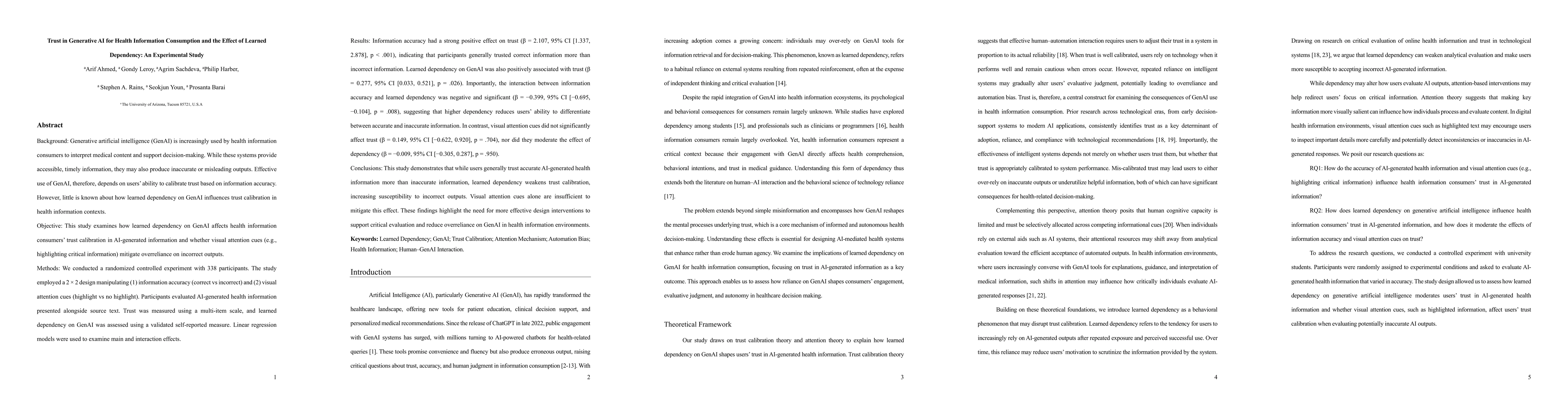 Thumbnail for Trust in Generative AI for Health Information Consumption and the Effect of Learned Dependency: An Experimental Investigation