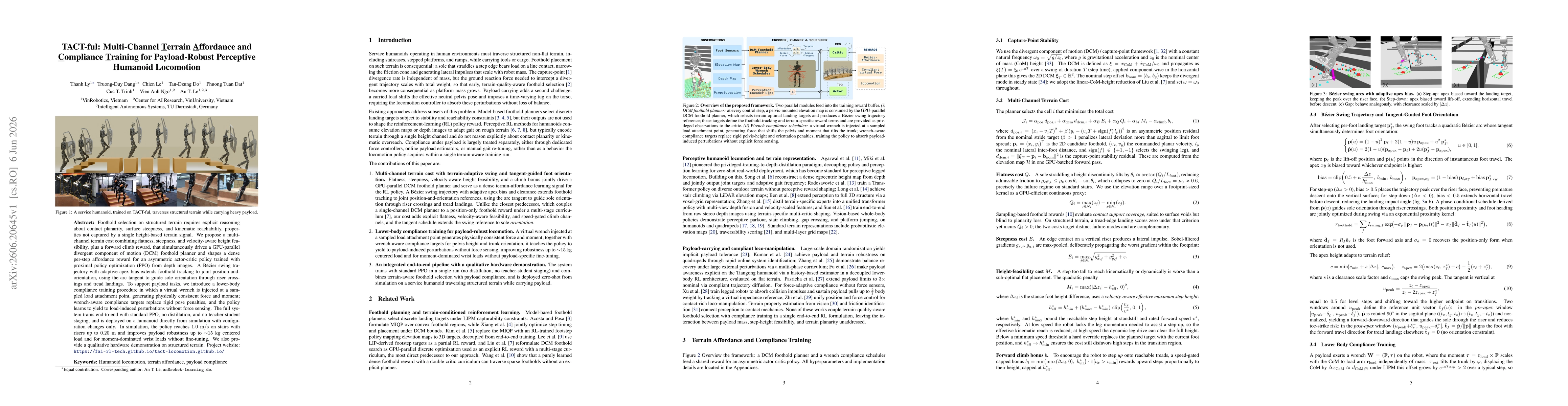 Thumbnail for TACT-ful: Multi-Channel Terrain Affordance and Compliance Training for Payload-Robust Perceptive Humanoid Locomotion