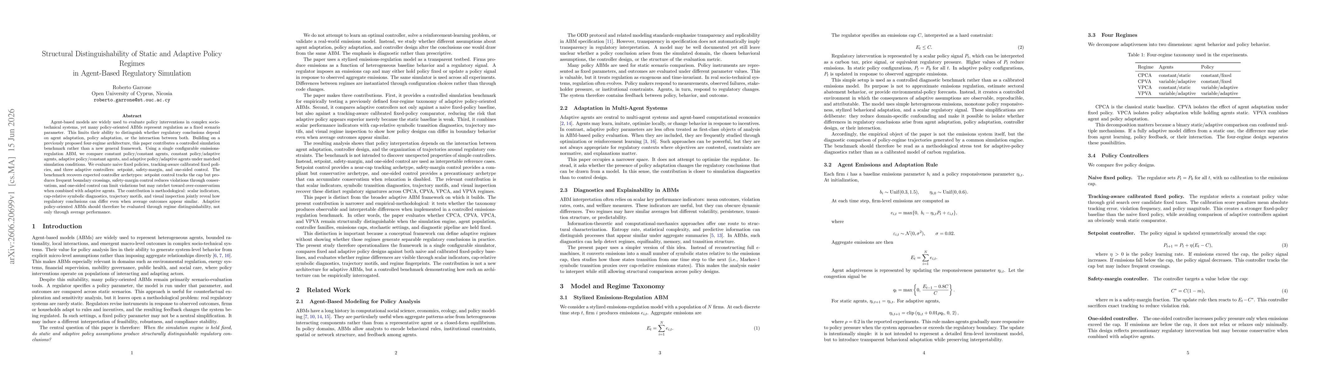 Thumbnail for Structural Distinguishability of Static and Adaptive Policy Regimes in Agent-Based Regulatory Simulation