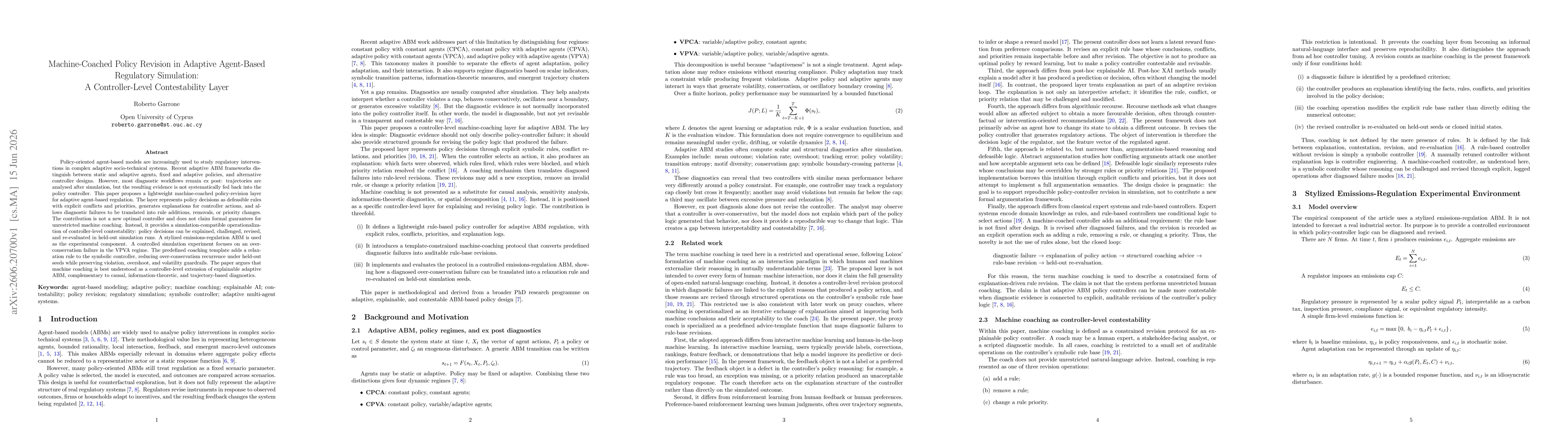 Thumbnail for Machine-Coached Policy Revision in Adaptive Agent-Based Regulatory Simulation: A Controller-Level Contestability Layer