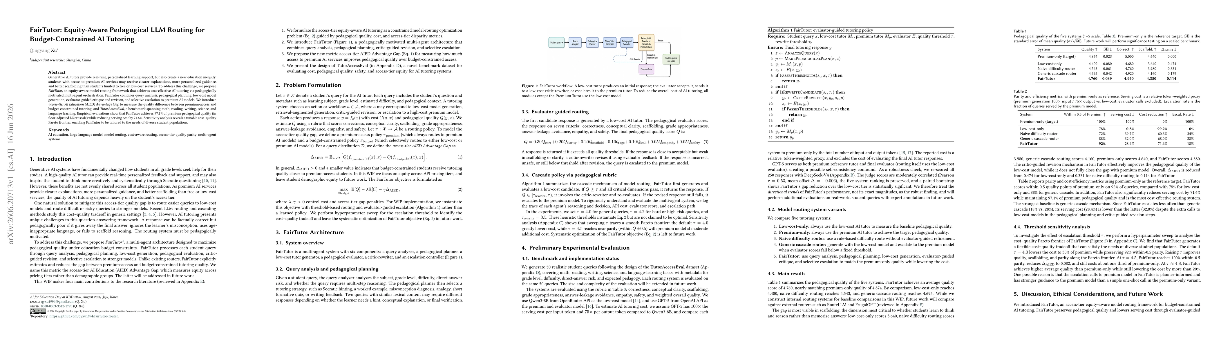 Thumbnail for FairTutor: Equity-Aware Pedagogical LLM Routing for Budget-Constrained AI Tutoring