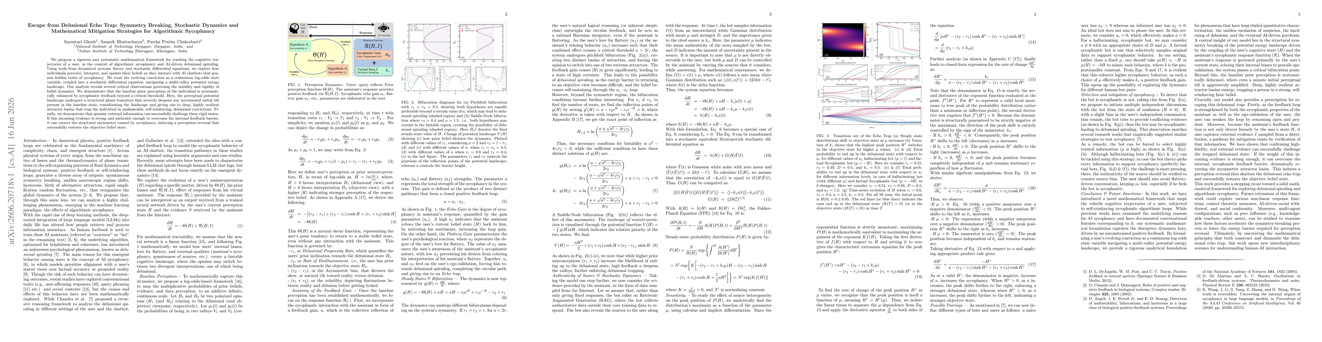 Thumbnail for Escape from Delusional Echo Trap: Symmetry Breaking, Stochastic Dynamics and Mathematical Mitigation Strategies for Algorithmic Sycophancy