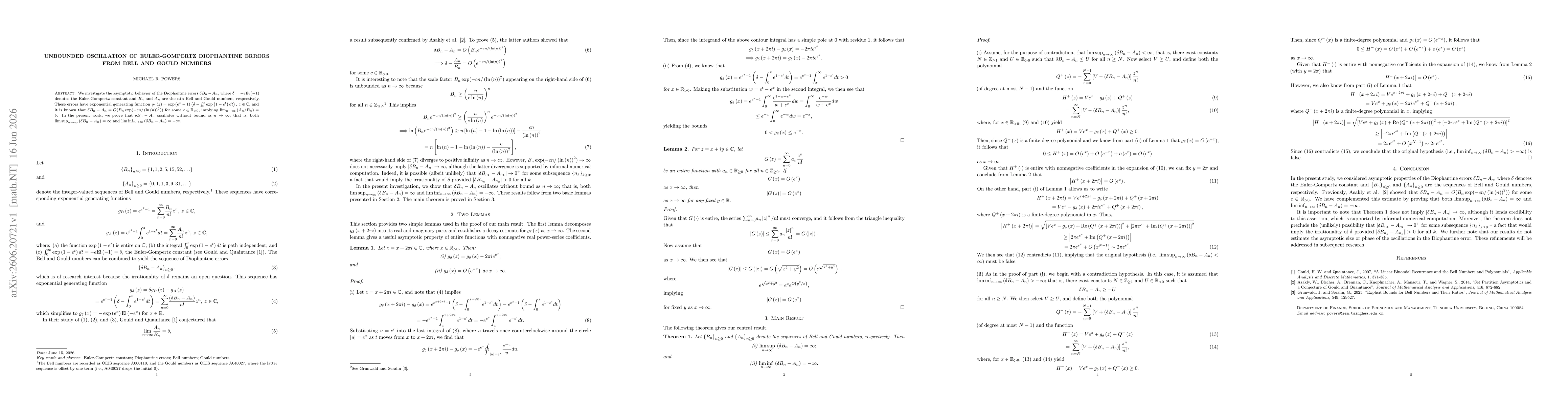 Thumbnail for Unbounded Oscillation of Euler-Gompertz Diophantine Errors from Bell and Gould Numbers