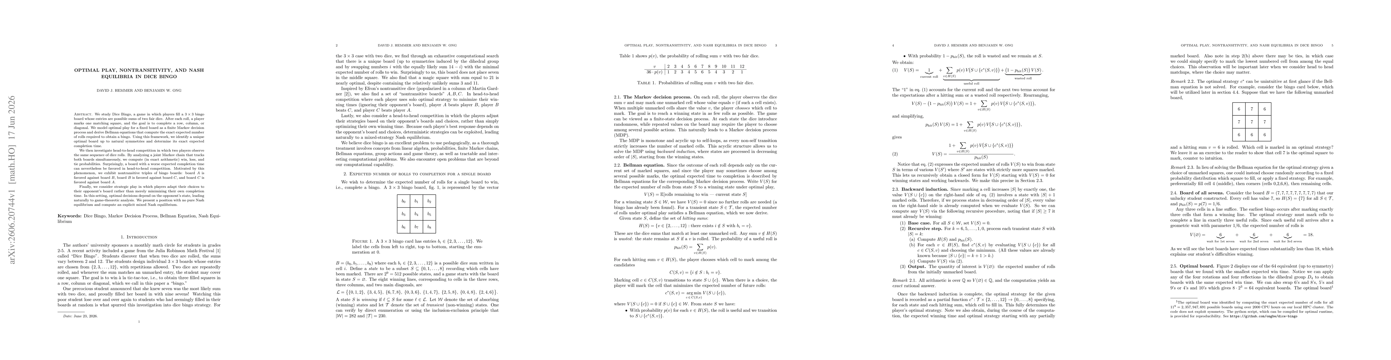 Thumbnail for Optimal Play, Nontransitivity, and Nash Equilibria in Dice Bingo