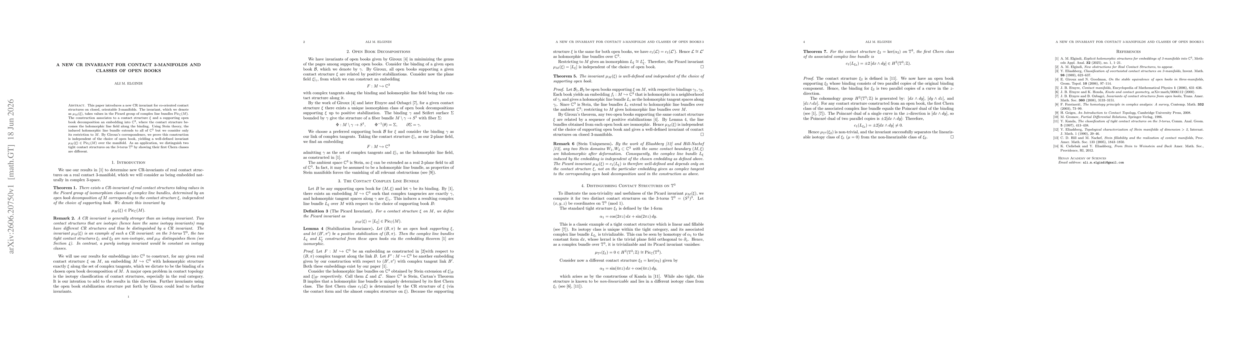 Thumbnail for A New CR Invariant for Contact 3-Manifolds and Classes of Open Books