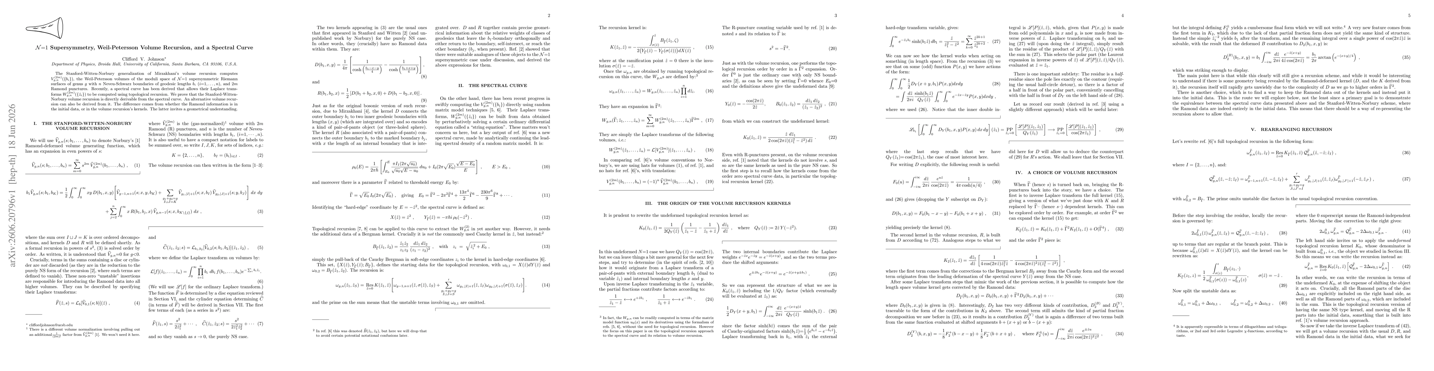 Thumbnail for $N=1$ Supersymmetry, Weil-Petersson Volume Recursion, and a Spectral Curve