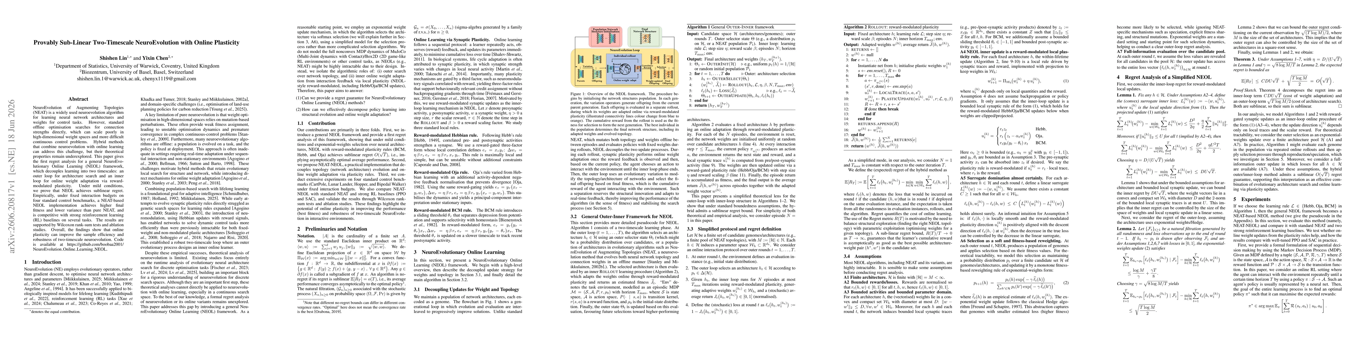 Thumbnail for Provably Sub-Linear Two-Timescale NeuroEvolution with Online Plasticity
