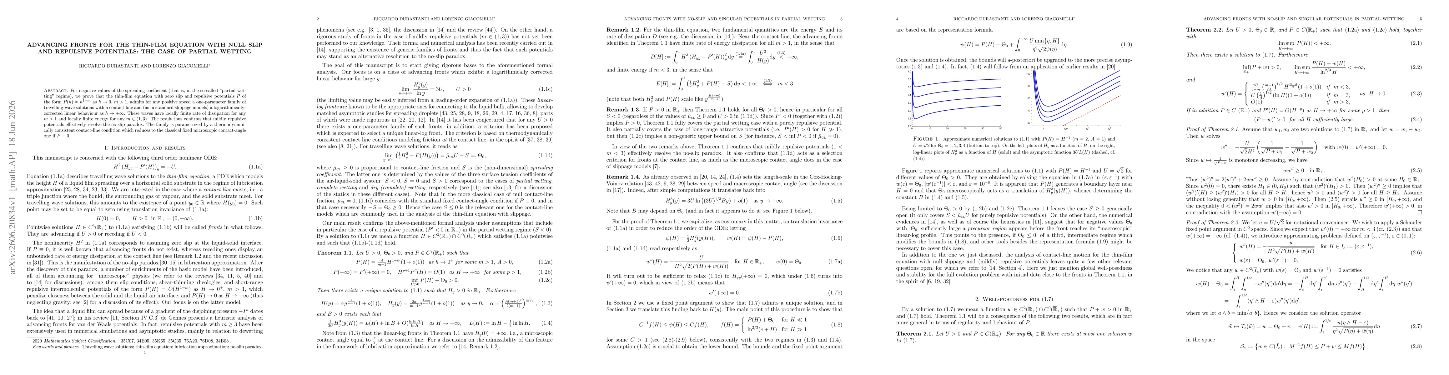 Thumbnail for Advancing fronts for the thin-film equation with null slip and repulsive potentials: the case of partial wetting