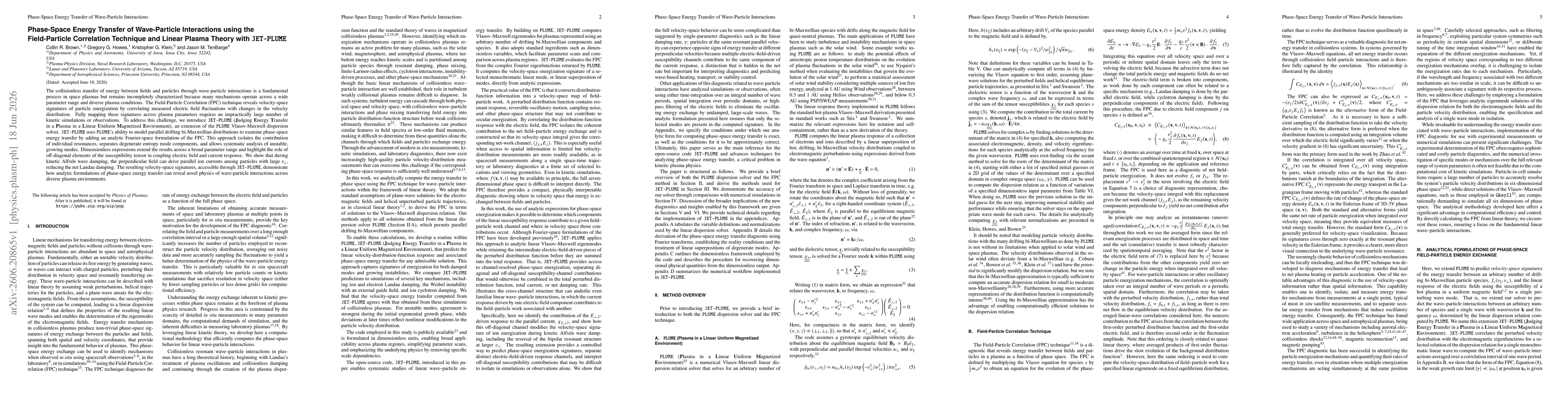 Thumbnail for Phase-Space Energy Transfer of Wave-Particle Interactions using the Field-Particle Correlation Technique and Linear Plasma Theory with JET-PLUME