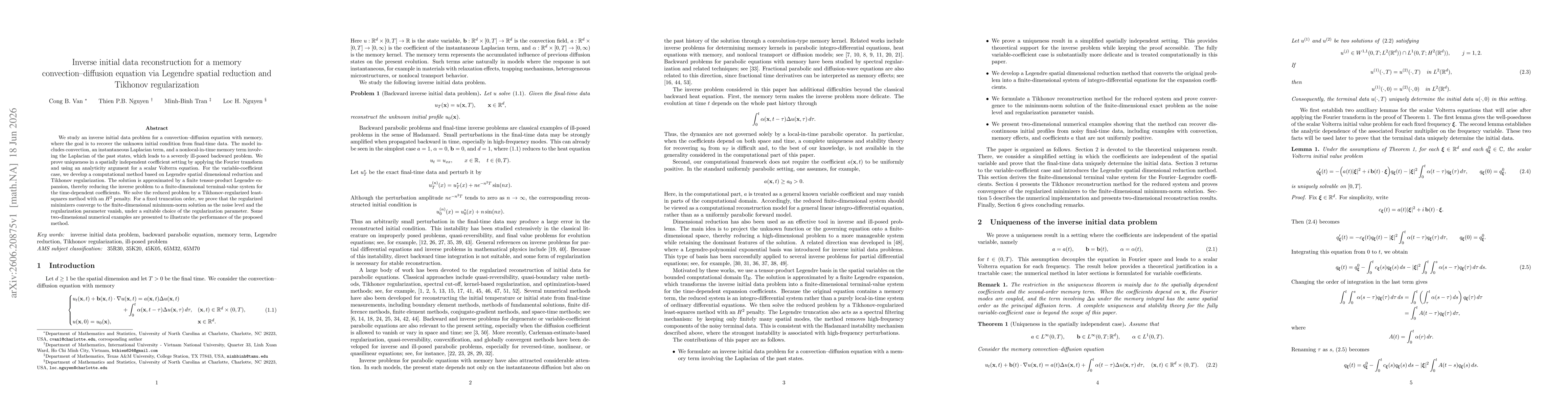 Thumbnail for Inverse initial data reconstruction for a memory convection-diffusion equation via Legendre spatial reduction and Tikhonov regularization