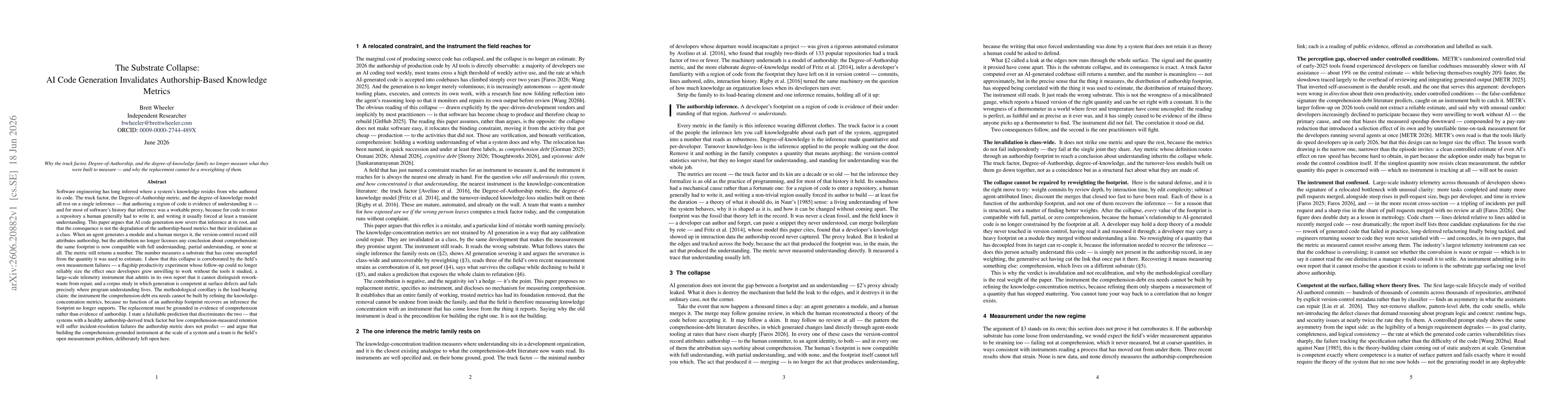 Thumbnail for The Substrate Collapse: AI Code Generation Invalidates Authorship-Based Knowledge Metrics