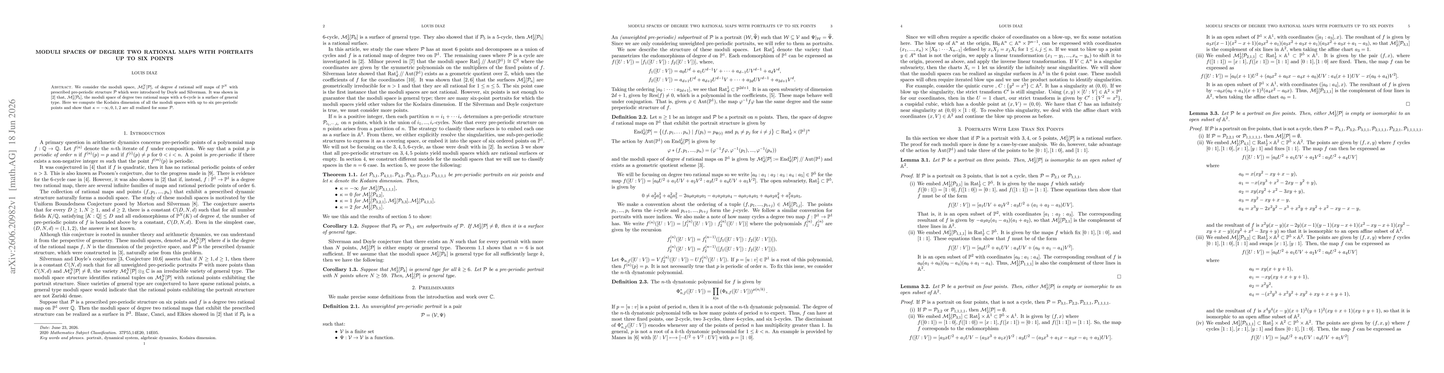 Thumbnail for Moduli Spaces of Degree Two Rational Maps with Portraits Up to Six Points