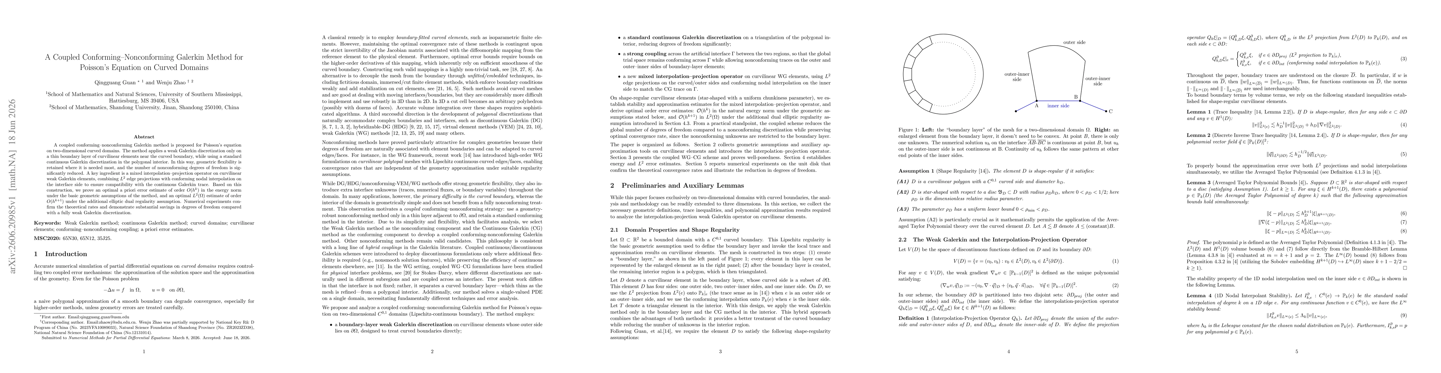 Thumbnail for A Coupled Conforming-Nonconforming Galerkin Method for Poisson's Equation on Curved Domains