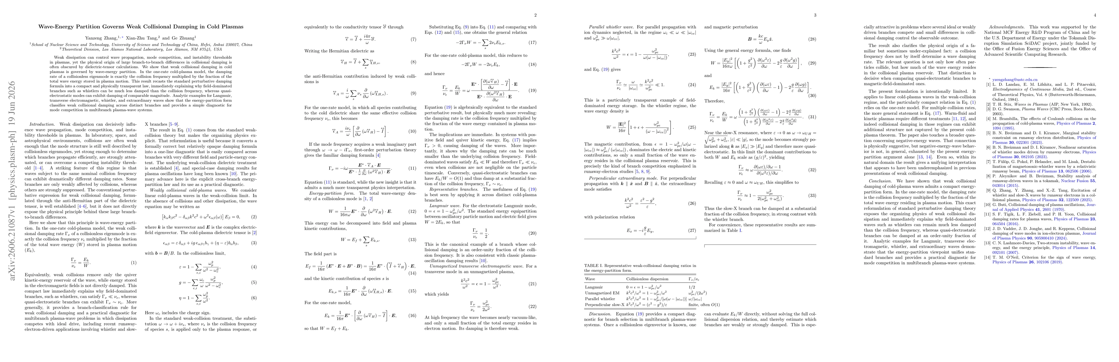 Thumbnail for Wave-Energy Partition Governs Weak Collisional Damping in Cold Plasmas