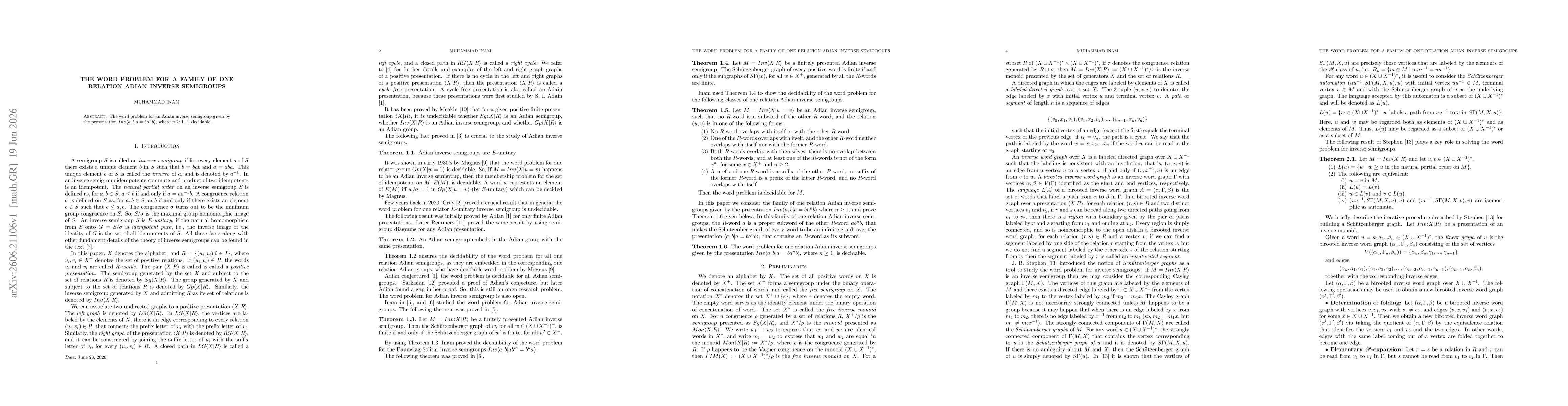 Thumbnail for The word problem for a family of one relation Adian inverse semigroups