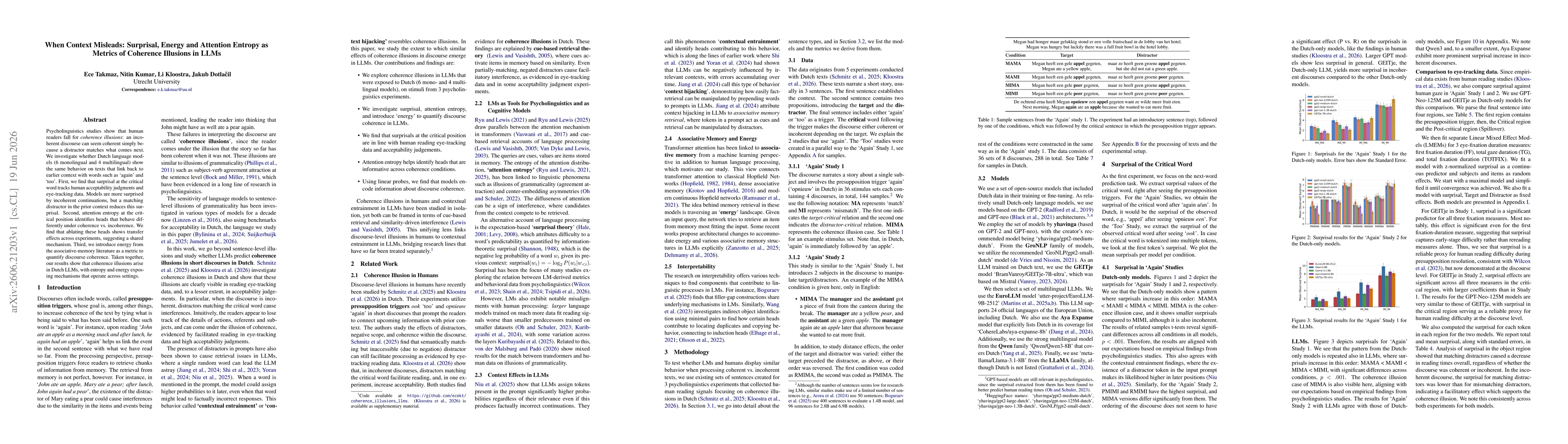 Thumbnail for When Context Misleads: Surprisal, Energy and Attention Entropy as Metrics of Coherence Illusions in LLMs