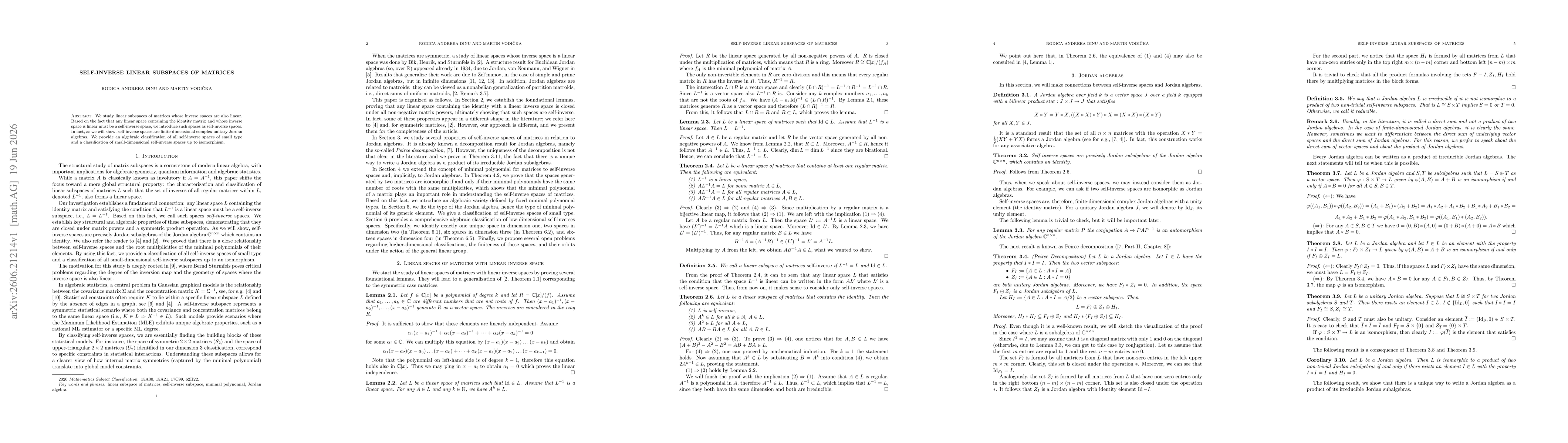 Thumbnail for Self-inverse linear subspaces of matrices