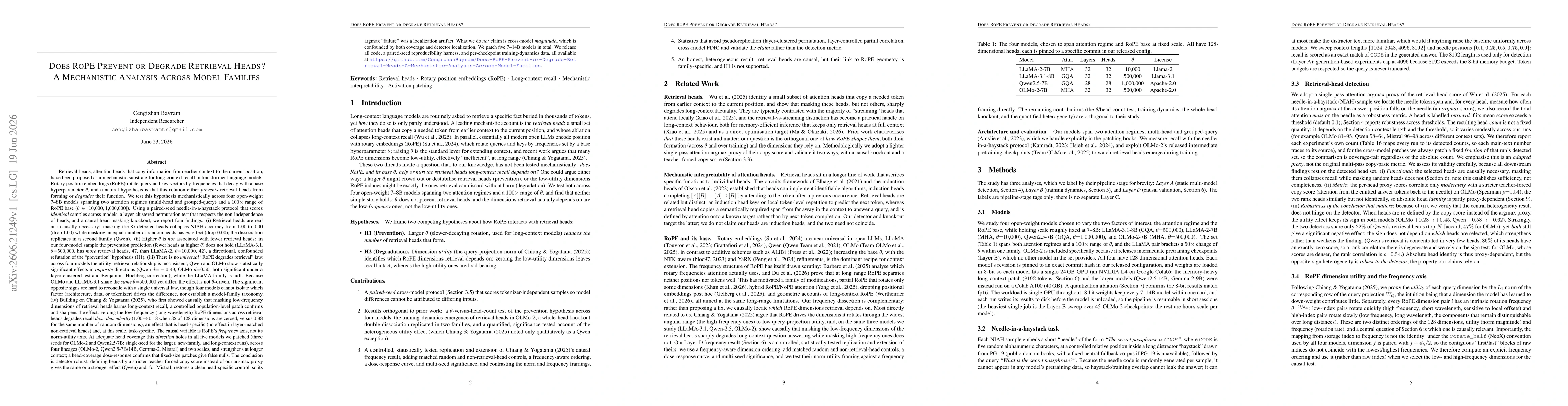 Thumbnail for Does RoPE Prevent or Degrade Retrieval Heads? A Mechanistic Analysis Across Model Families