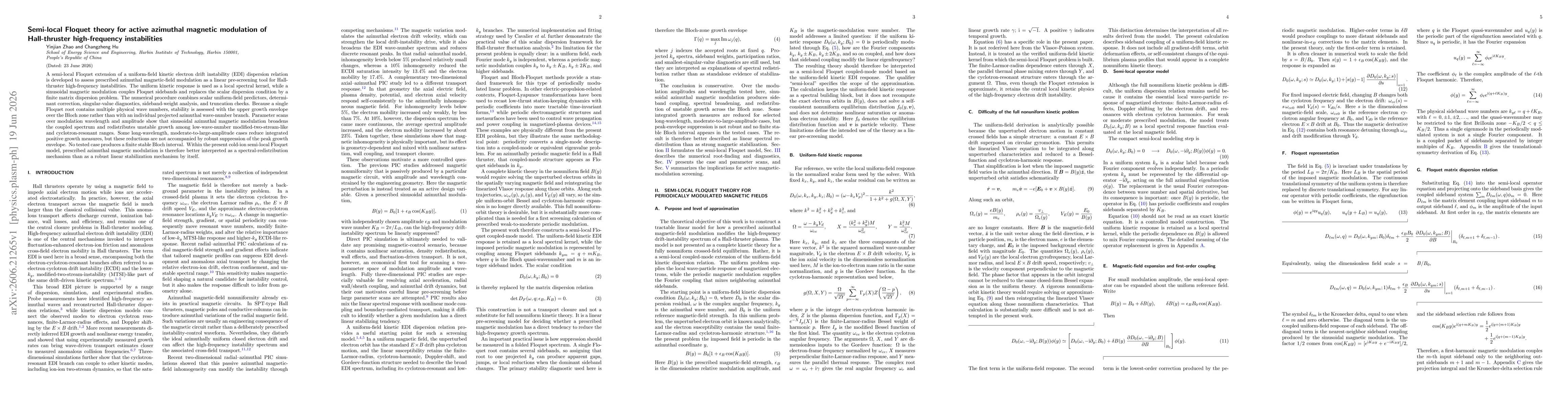 Thumbnail for Semi-local Floquet theory for active azimuthal magnetic modulation of Hall-thruster high-frequency instabilities