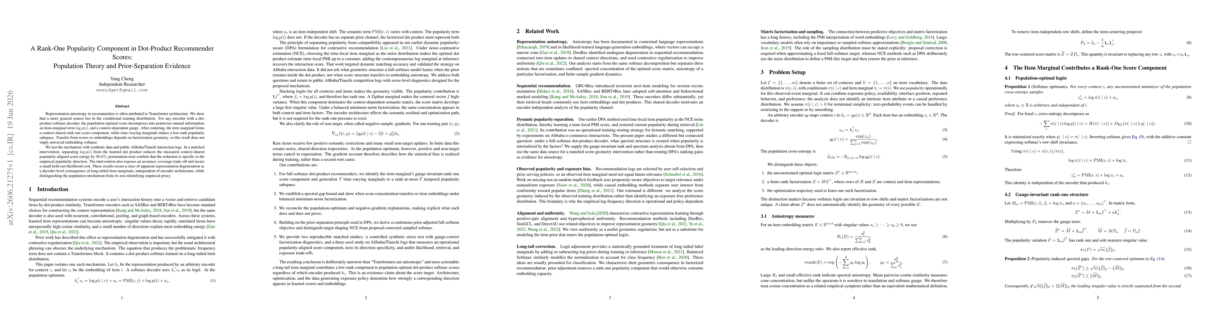 Thumbnail for A Rank-One Popularity Component in Dot-Product Recommender Scores:Population Theory and Prior-Separation Evidence