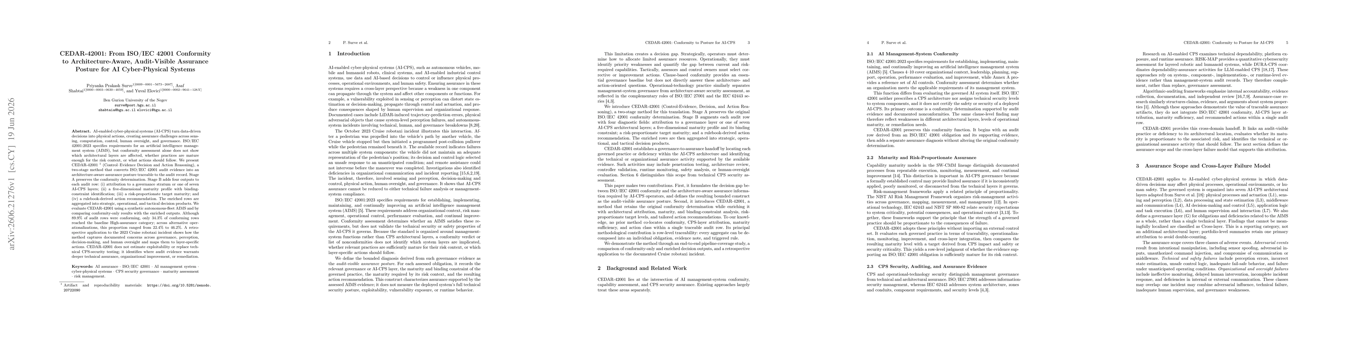 Thumbnail for CEDAR-42001: From ISO/IEC 42001 Conformity to Architecture-Aware, Audit-Visible Assurance Posture for AI Cyber-Physical Systems