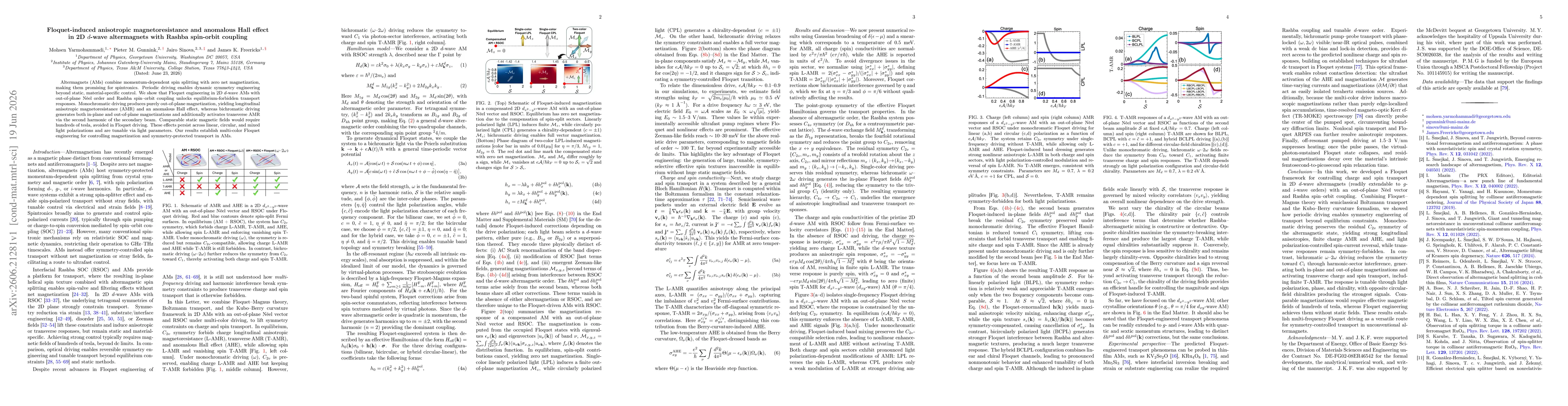 Thumbnail for Floquet-induced anisotropic magnetoresistance and anomalous Hall effect in 2D $d$-wave altermagnets with Rashba spin-orbit coupling
