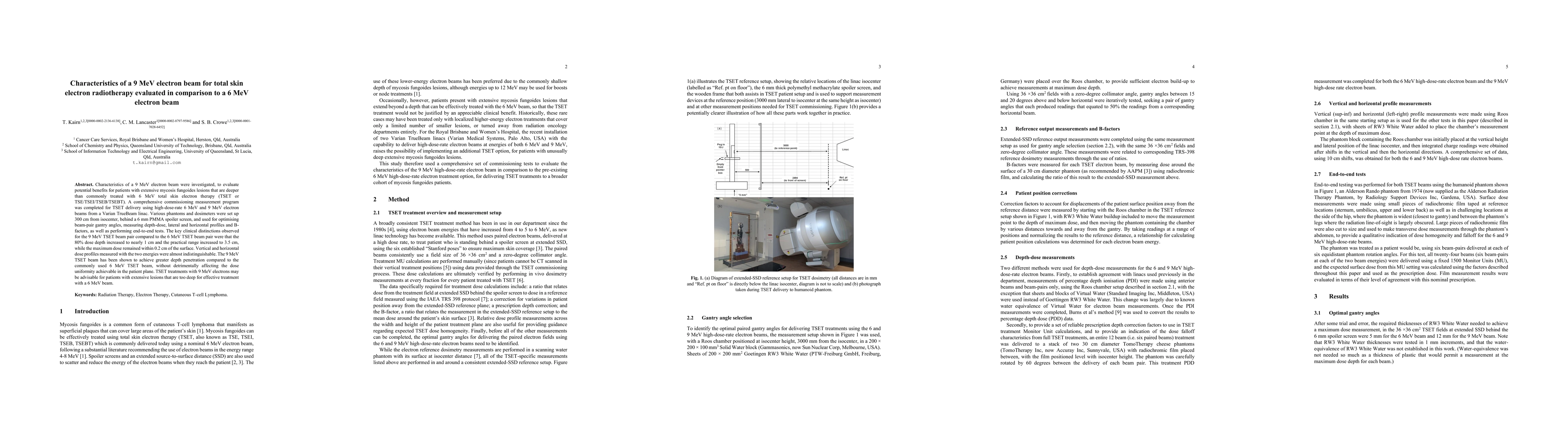 Thumbnail for Characteristics of a 9 MeV electron beam for total skin electron radiotherapy evaluated in comparison to a 6 MeV electron beam