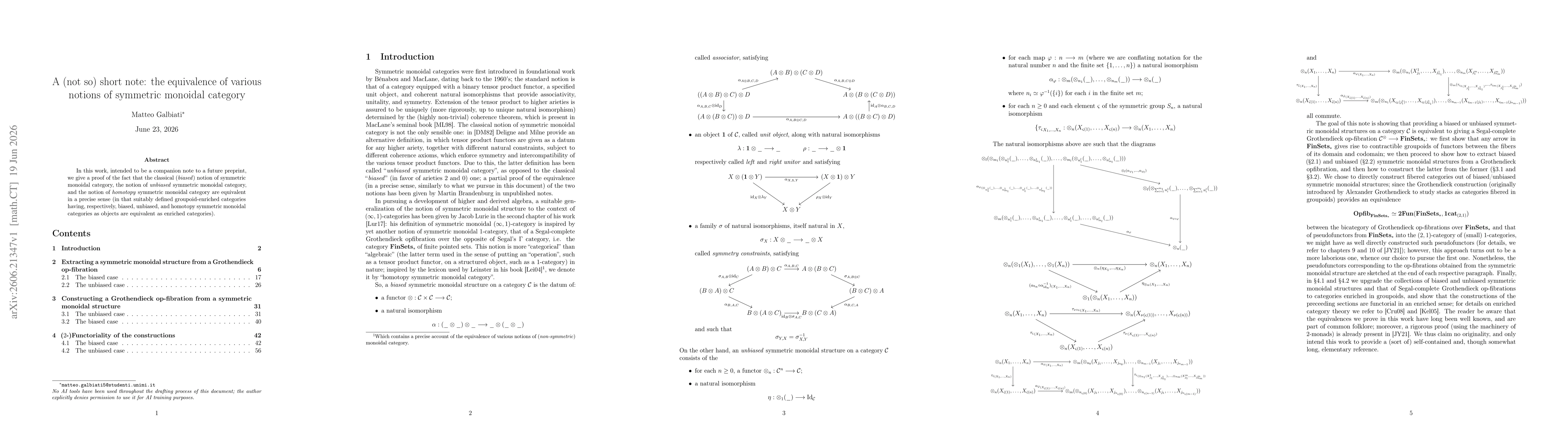 Thumbnail for A (not so) short note: the equivalence of various notions of symmetric monoidal category