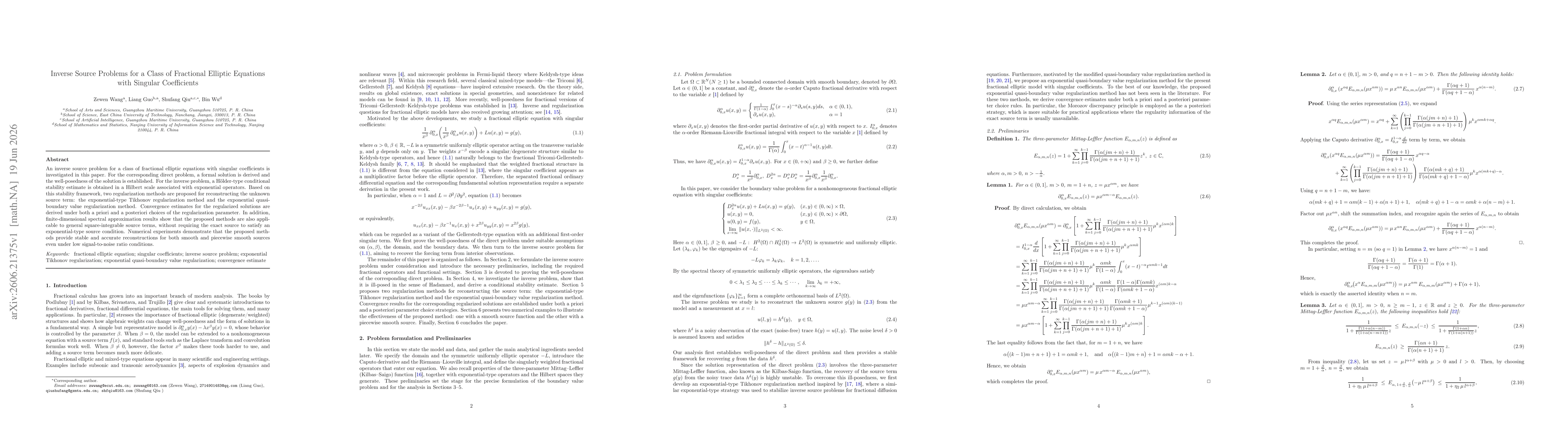 Thumbnail for Inverse Source Problems for a Class of Fractional Elliptic Equations with Singular Coefficients