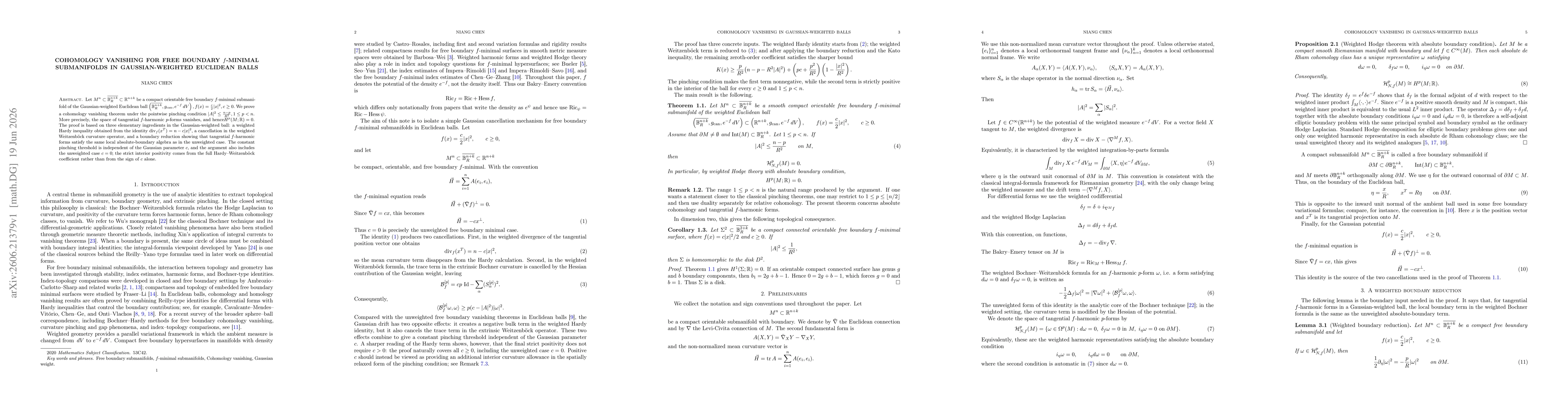Thumbnail for Cohomology Vanishing for Free Boundary $f$-Minimal Submanifolds in Gaussian-Weighted Euclidean Balls